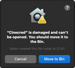 macOS blocking the launch of “Cinecred.app”