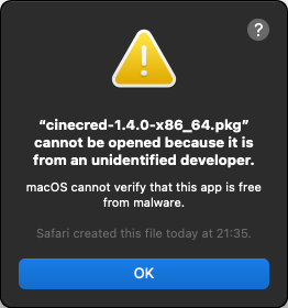 macOS blocking the launch of the Cinecred installer package