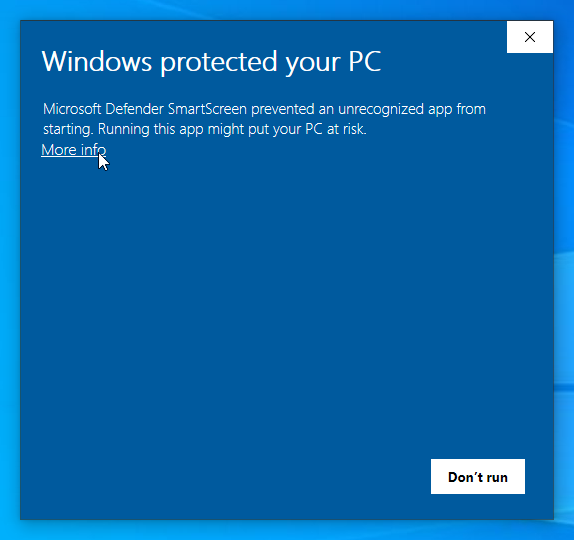 Windows blocking the launch of a Cinecred installer or Cinecred executable; click “More info”
